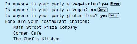 Is anyone in your party a vegetarian? yes Enter) Is anyone in your party a vegan? no Enter Is anyone in your