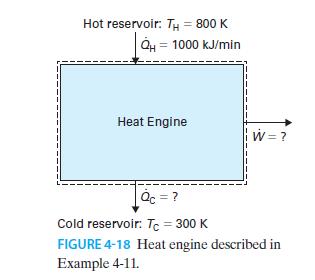 Hot reservoir: TH= 800 K Cu = 1000 kJ/min Heat Engine W = ? Qc = ? Cold reservoir: Tc = 300 K FIGURE 4-18