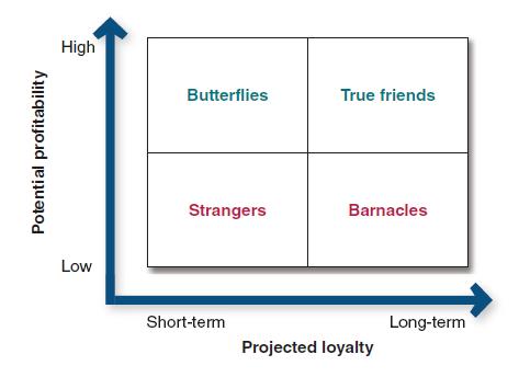 Potential profitability High Low Butterflies Strangers Short-term True friends Barnacles Projected loyalty