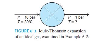 P = 10 bar T = 30C P = 1 bar T = ? FIGURE 6-3 Joule-Thomson expansion of an ideal gas, examined in Example