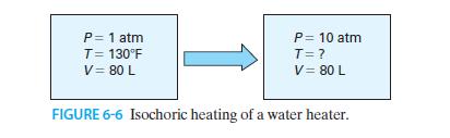 P= 1 atm T = 130F V = 80 L P = 10 atm T = ? V = 80 L FIGURE 6-6 Isochoric heating of a water heater.