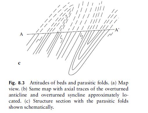 A -- ///// Z --- ////// //////// A' Fig. 8.3 Attitudes of beds and parasitic folds. (a) Map view. (b) Same