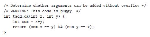 /* Determine whether arguments can be added without overflow */ /*WARNING: This code is buggy. */ int tadd_ok