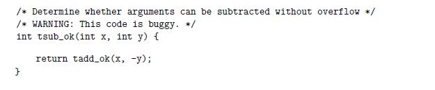 /* Determine whether arguments can be subtracted without overflow */ /* WARNING: This code is buggy. */ int