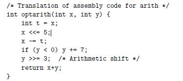 /* Translation of assembly code for arith */ int optarith (int x, int y) { int t = x; } x < >= 3; /*