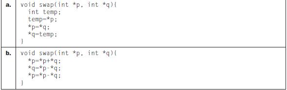 a. b. void swap(int *p. int *q){ int temp: temp=*p: *p=*q: *q-temp: void swap(int *p. int *q){ *p=*p+*q: