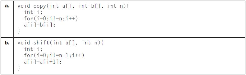 a. void copy(int a[], int b[], int n) { int i; for(i=0; i-n;i++) a[i]=b[i]; b. } void shift(int a[], int n) {