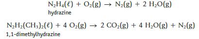 NH() + O(g)  N(g) + 2 HO(g) hydrazine NH(CH3)2() + 4 O(g)  2 CO(g) + 4HO(g) + N(g) 1,1-dimethylhydrazine