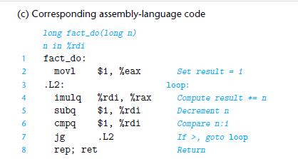 (c) Corresponding assembly-language code long fact_do (long n) n in %rdi 1 2 3 4 5 6 7 8 fact_do: movl .L2: