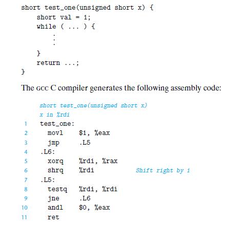 short test_one(unsigned short x) { short val = 1; while (...) { } The GCC C compiler generates the following