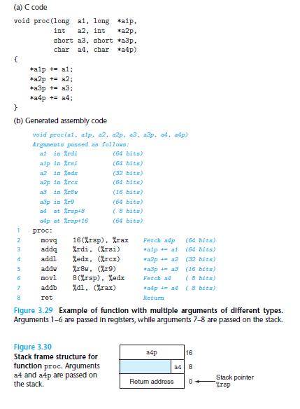(a) C code void proc(long int { 1 2 3 4 } (b) Generated assembly code 5 6 7 8 al, long #alp. a2, int *a2p.