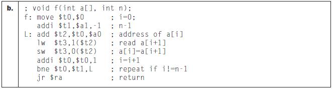 b. ; void f(int a[], int n); f: move $t0,$0 ; i=0; ; n-1 ; address of a[i] : read a[i+1] : a[i]-a[i+1] ;