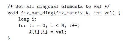 /* Set all diagonal elements to val */ void fix_set_diag(fix_matrix A, int val) { } long i; for (i 0; i