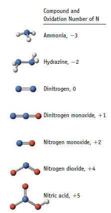 Compound and Oxidation Number of N Ammonia, -3 Hydrazine, -2 Dinitrogen, 0 Dinitrogen monoxide, +1 Nitrogen