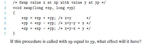 1 2 3 4 5 67 /* Swap value x at xp with value y at yp */ void swap(long *xp, long *yp) { *xp = *xp + *yp; /*