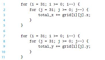 1 2 WN 3 4 5 6 789 10 11 for (i = 31; i >= 0; i--) { } for (j = 31; j >= 0; j--) { total_x += grid [i][j].x;