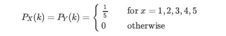 Px (k)= Py(k)= 1 0 for x = 1,2,3,4,5 otherwise