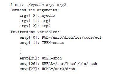linux> ./myecho argi arg2 Command-ine arguments: argv[0]: myecho argv[ 1]: argi argv[ 2] arg2 Environment