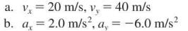 a. v, 20 m/s, v, = 40 m/s b. a 2.0 m/s, a, = -6.0 m/s =