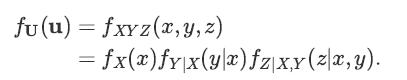 fu(u) = fxyz(x, y, z) = fx(x) fy|x(yx) fz|x,y (z|x,y).