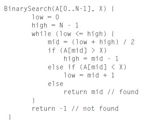 Binary Search (A[0..N-1], X) { low = 0 high = N - 1 while (low X) high else if (A[mid] < X) low = mid + 1 }