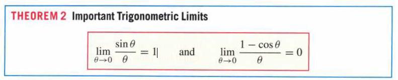 THEOREM 2 Important Trigonometric Limits sin 0 lim 0-0 0 = 1| and lim 0-0 1- cos 0 0 = 0