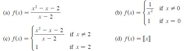 (a) f(x) = (c) f(x) = x-x-2 x-2 2 x - X - x-2 1 2 if x # 2 if x = 2 (b) f(x) = K (d) f(x) = [x] if x # 0 if x