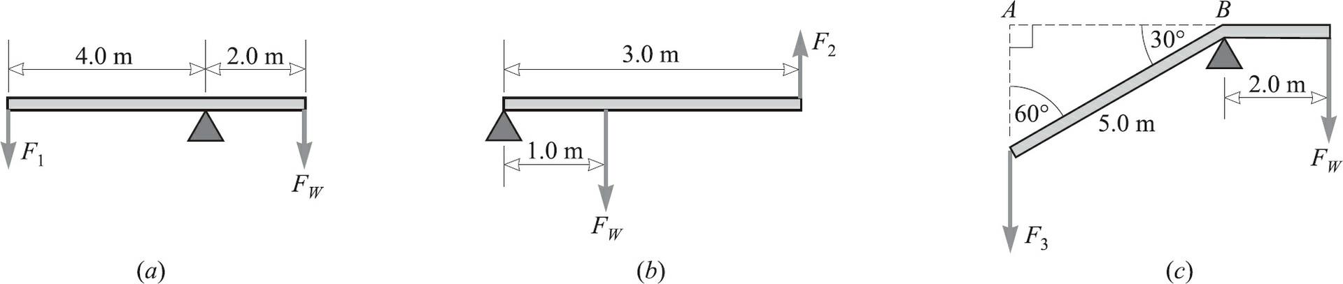 F 4.0 m (a) 2.0 m Fw 1.0 m 3.0 m Fw (b) F2 A 60 F3 30 5.0 m (c) B 2.0 m Fw