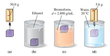50.0 g (a) Ethanol (b) Bromoform, d = 2.890 g/mL (c) Water, 20C 100 5,6 g (d)