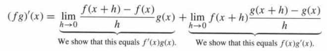 -g(x) + lim f(x + h) 8(x + h)  g(x) h0 h We show that this equals f(x)g'(x). (fg)'(x) = lim f(x+h)-f(x) h h0