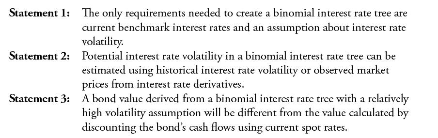 Statement 1: The only requirements needed to create a binomial interest rate tree are current benchmark