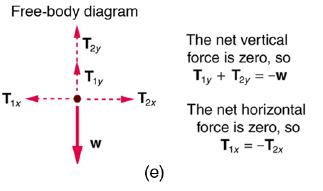 Free-body diagram Tay Tx Tiy W -Tx (e) The net vertical force is zero, so Ty + T2y = -W The net horizontal
