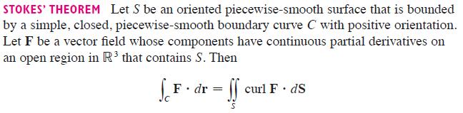 STOKES' THEOREM Let S be an oriented piecewise-smooth surface that is bounded by a simple, closed,