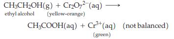 CH3CHOH(g) + CrO7 (aq) ethyl alcohol (yellow-orange) CHCOOH(aq) + Cr+ (aq) (not balanced) (green)