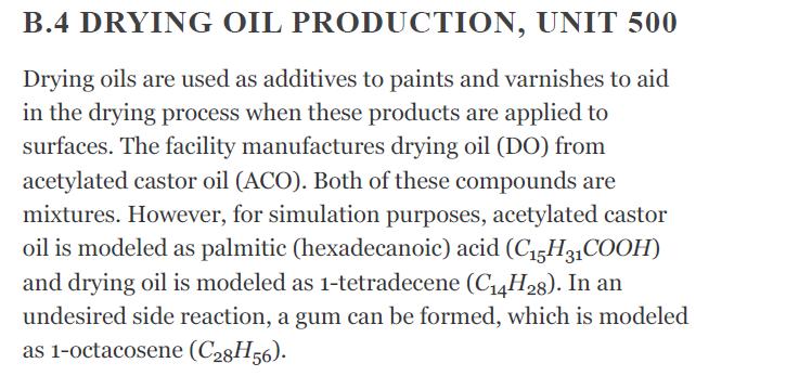 B.4 DRYING OIL PRODUCTION, UNIT 500 Drying oils are used as additives to paints and varnishes to aid in the