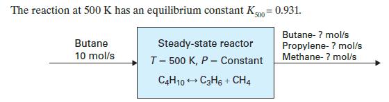 The reaction at 500 K has an equilibrium constant K500=0.931. Butane 10 mol/s Steady-state reactor T = 500 K,