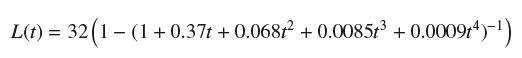 L(t) = 32(1  (1 + 0.37t+ 0.068t +0.0085t +0.0009)-) -
