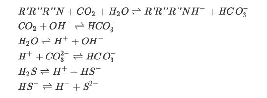 R'R"R"N+ CO2 + HO R'R"R"NH+ + HCO3 +OHHCO3 CO HO H+ + OH H+CO HSH + HS HSH+S- HCO3