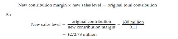 So New contribution margin x new sales level = original total contribution New sales level original