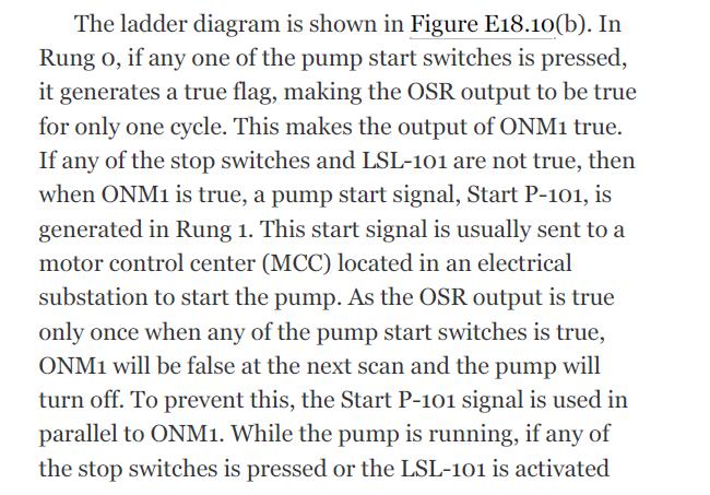 The ladder diagram is shown in Figure E18.10(b). In Rung o, if any one of the pump start switches is pressed,