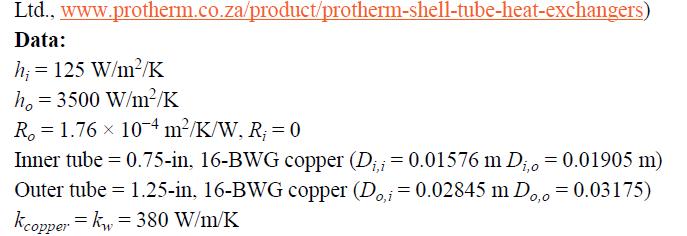 Ltd., www.protherm.co.za/product/protherm-shell-tube-heat-exchangers) Data: h; = 125 W/m/K ho 3500 W/m/K R