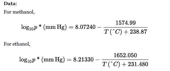 Data: For methanol, log10p* (mm Hg) = 8.07240 - For ethanol, log10p* (mm Hg) = 8.21330 - 1574.99 T(C) +238.87