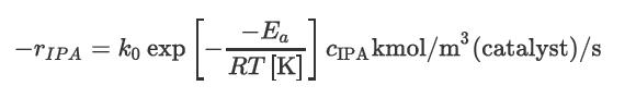 -Ea RT [K] -TIPA = ko exp  |- R CIPA kmol/m (catalyst)/s