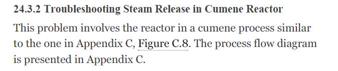 24.3.2 Troubleshooting Steam Release in Cumene Reactor This problem involves the reactor in a cumene process