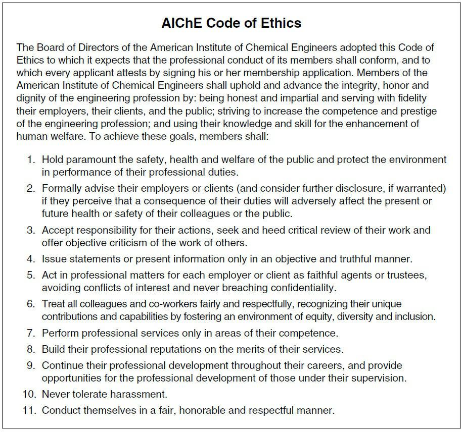 AICHE Code of Ethics The Board of Directors of the American Institute of Chemical Engineers adopted this Code