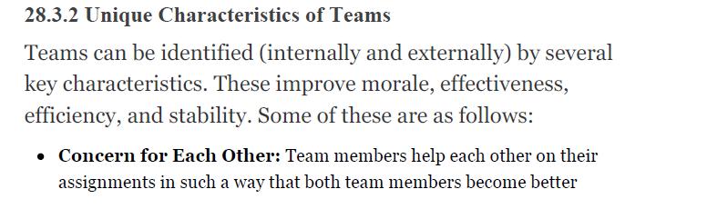 28.3.2 Unique Characteristics of Teams Teams can be identified (internally and externally) by several key