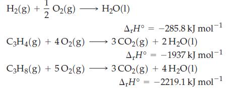 H(8) + O2(8) O(g)  C3H4(g) + 4O2(g) C3H8(g) +5O2(g) HO(1) A,H 3 CO2(g) + 2H0 (1) A,H = -285.8 kJ mol-1 =