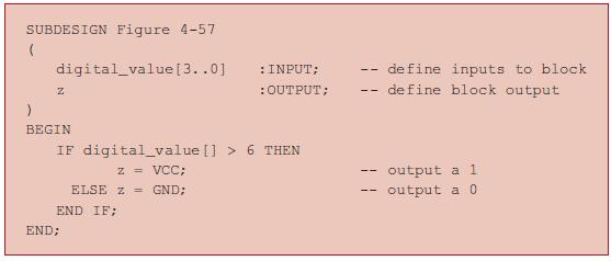 SUBDESIGN Figure 4-57 digital_value [3..0] ( Z ) BEGIN IF digital_value [] > 6 THEN z = VCC; ELSE z = GND;