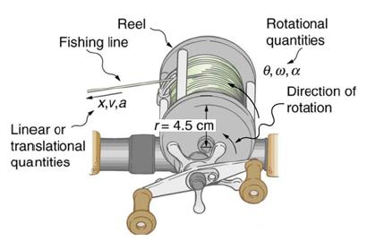 Reel Fishing line Linear or translational quantities x,v,a r= 4.5 cm Rotational quantities ,, Direction of