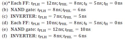 (a)* Each FF: TPLH = 12 ns; tpHL = 8 ns; ts = 5 ns; th 8 ns; tpHL 6ns 5ns (b) NAND gate: tpLH (c) INVERTER: